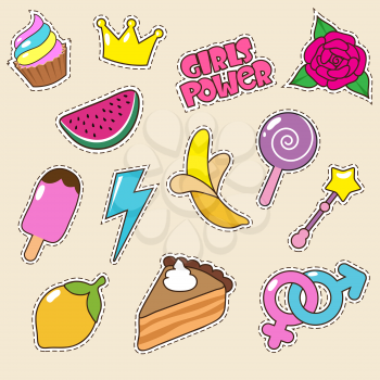 Ice cream, princess crown and candy lollipop stickers. Vector girl fashion patches. Crown and candy, collection cartoon badge illustration