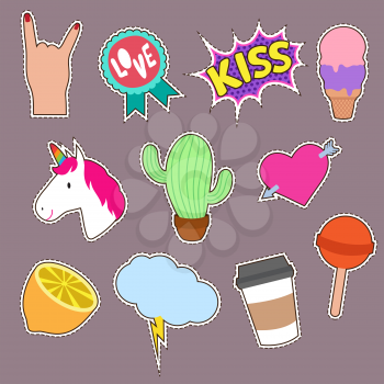 Unicorn, cactus, kiss embroidery word icons. Cute fashion girl patches vector collection. Girl cartoon patch sticker, lollipop and hand gesture, lemon and cactus illustration