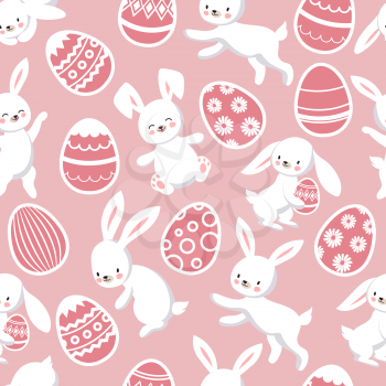 Happy Easter vector seamless patten with cute cartoon bunny rabbits. Happy easter pattern with rabbit or bunny illustration