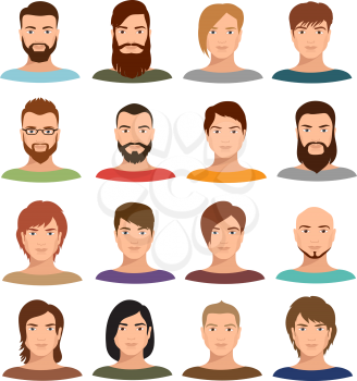 Adult male portraits vector collection. Internet profile mans cartoon faces. User profile human male avatar, social portrait face illustration