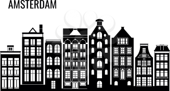 Row of old typical amsterdam houses vector silhouettes. Illustration of building amsterdam facade, architecture cityscape