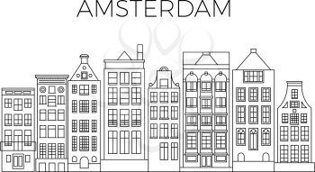 Amsterdam houses city panorama. Dutch street buildings vector skyline. Skyline street city architecture line style illustration