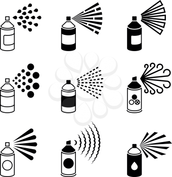 Spray aerosol bottle, graffiti can vector icons. Spray aerosol in bottle, hairspray compressed illustration