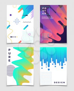 Futuristic abstract 3d fluid oil with memphis pattern elements. Modern party vector posters. Brochure and flyer poster with colored futuristic fluid gradient illustration