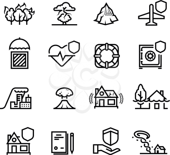 Insurance cases and natural disasters line icons. Property, life and health safety outline symbols. Insurance and protection health and house. Vector illustration