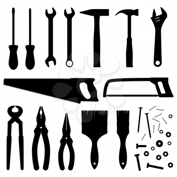Hand industrial and building tools vector silhouettes. Handyman toolkit. Screwdriver and wrench, hammer instrument and saw illustration