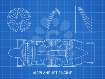 Airplane jet engine with turbine vector blueprint design. Illustration of air engine and turbine plan drawing blueprint