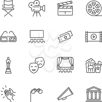 Entertainment and performance line vector icons. Theater and cinema outline symbols. Cinema and performance entertainment, movie film and show illustration