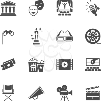 Hollywood movie, theater performance and entertainment vector icons. Camera movie, popcorn and chair illustration