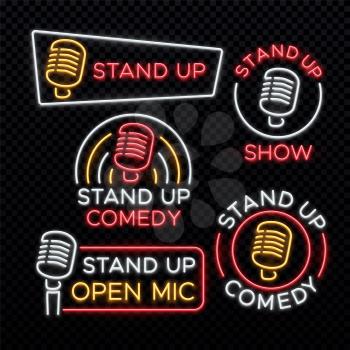 Stand Up comedy bright neon vector signs. Comedy stand up emblem, label for signboard comedian club illustration