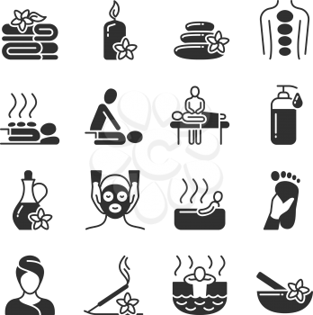 Massage and spa therapy, body care medical vector silhouette icons. Massage and health therapy for body, spa and beauty illustration