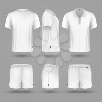 Rugby shorts and t shirt white blank man sport uniform vector set. Sport t-shirt and sporty shorts model for running illustration