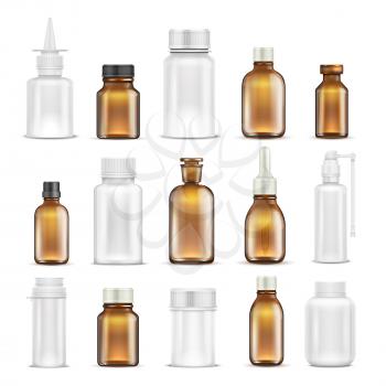 Medicine glass and plastic blank bottles isolated vector set. Bottle medicine container for care health, healthcare vitamin pharmaceutical illustration