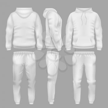 White hooded sweatshirt with sports trousers. Active sport wear hoodie and pants vector templates. Sportswear sweatshirt hoodie and urban pants illustration