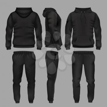 Black man sportswear hoodie and trousers vector mockup isolated. Sportswear with hoodie, male fashion clothes trousers and sweatpants illustration