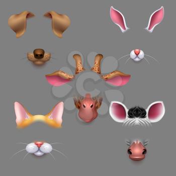 Animal ears and noses. Vector selfie photo filters animals faces masks. Funny effect animal mask avatar for photo selfie illustration