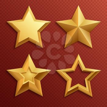 Realistic metal golden stars isolated for rating and holiday decoration vector set. Illustration of star decoration for award rating