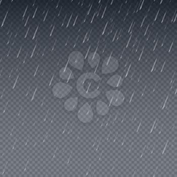 Rain vector wallpaper. Falling water drops isolated vector illustration. Rainy sky background. Rain water pattern transparent