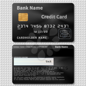 Realistic black bank plastic credit card with chip vector template isolated. Credit plastic card, bank personal cardholder name illustration