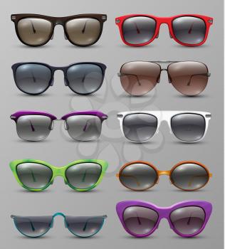 Isolated realistic sun glasses with color lens vector set. Eyeglasses accessory, protection eyes glasses illustration