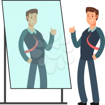 Cartoon businessman loves to look at his reflection in mirror. Egoistic person vector consept. Businessman in mirror reflection, egoistic and attractive confidence illustration