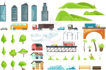 Flat city map vector elements with urban transport, road, trees and buildings. Illustration of bridge and automobile, green grass and bench for interface