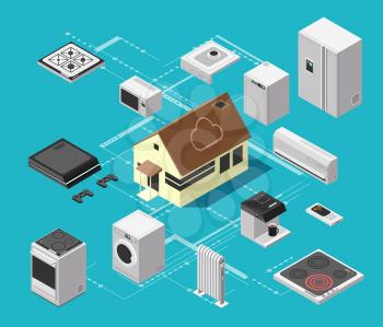 Smart house technology system and wireless electronic equipment isometric vector concept. Device equipment wireless control. Vector illustration