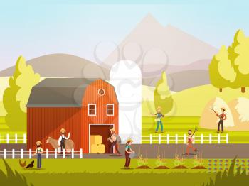 Cartoon farm with farmers, farm animals and equipment vector illustration. Farm agriculture and farmer, rural farming and landscape