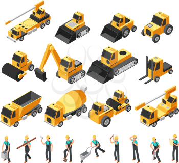 Isometric construction workers, building machinery and equipment 3d vector set. Construction equipment and bulldozer machinery illustration