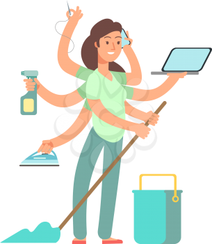 Super mom vector concept. Stressed mother in business and housework activities. Mother housework, mom busy multi tasking illustration