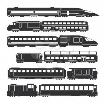 Trains and wagons black vector railway cargo and passenger transportation silhouettes. Train transport black silhouette, locomotive passenger illustration