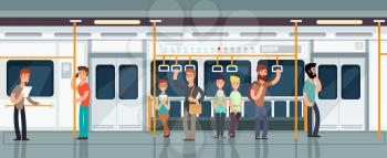 Modern subway passenger carriage interior with people vector illustration. Interior of train with passenger transportation