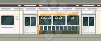 Empty subway train inside view. Metro carriage vector interior. Transport train subway interior empty illustration