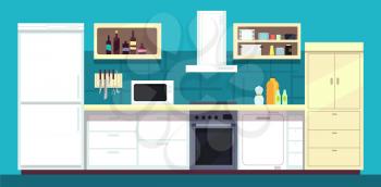 Cartoon kitchen interior with fridge, oven and other home cooking appliances vector illustration. Kitchen and stove interior, cooking and fridge domestic