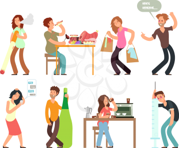 Bad habits unhealthy lifestyle. Alcoholism, drug addiction, smoking, gambling. Vector people set with bad habit, drug and alcohol illustration