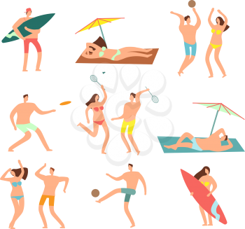 People in swimsuits in sea beach vecation. Relaxing woman and man vector characters. Woman and man in swimsuit on beach sea illustration