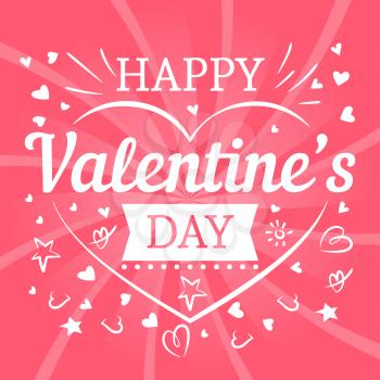 Valentines day pink postcard template with hearts and typography sign. Vector illustration