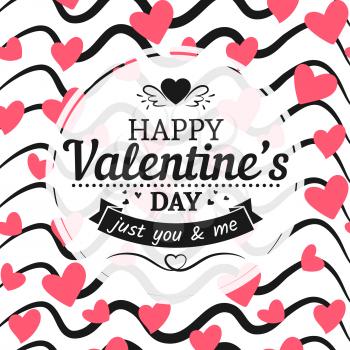 Vintage valentines day card template with typography sign hearts and hand drawn scribble background. Vector illustration