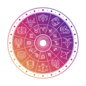 Colorful astrology circle design with horoscope signs isolated on white background. Vector zodiac horoscope astrological illustration