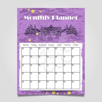 Colorful grunge monthly planner template design. Organizer calendar template, vector illustration