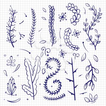 Hand drawn doodle branches and decorative elements isolated. Vector illustration