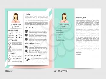 Modern style female resume and cover letter template. Vector illustration