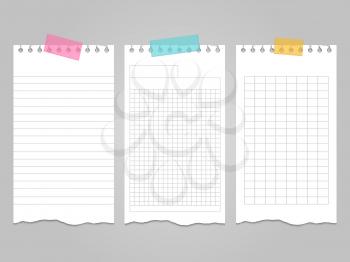 Ripped lined notebook pages templates for notes or memo. Vector illustration