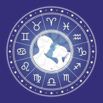 Romantic couple in astrologian circle - man and woman and horoscope circle. Vector illustration