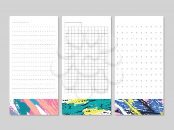 Decorative lined pages for notes schedule lists with bright grunge elements. Vector page paper for message with points or cells illustration