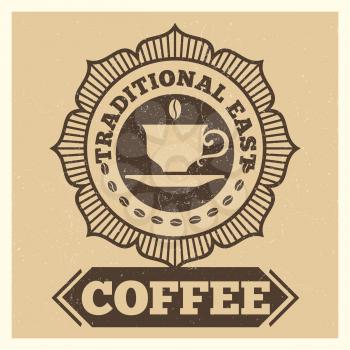 Grunge vector cafe or coffee shop label design. Cafe shop coffee, grunge cup drink espresso illustration