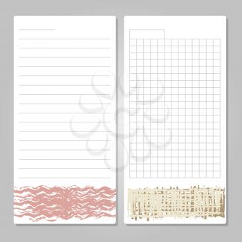 Notebook page templates with grunge decor - paper for notes, memos, checklist. Vector illustration