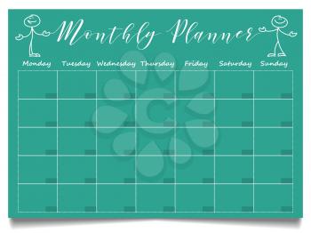 Simple monthly planner template with hand drawn positive stick figures. Monthly planner organizer, week page schedule. Vector illustration