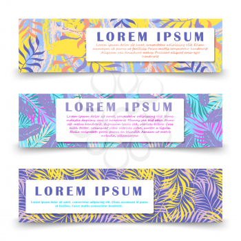 Bright abstract horizontal banners template with hawaii floral elements. Hawaii card with palm leaf, tropical summer banner. Vector illustration
