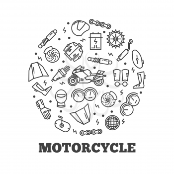 Line icons moto parts motorcycle accessories round concept. Vector illustration